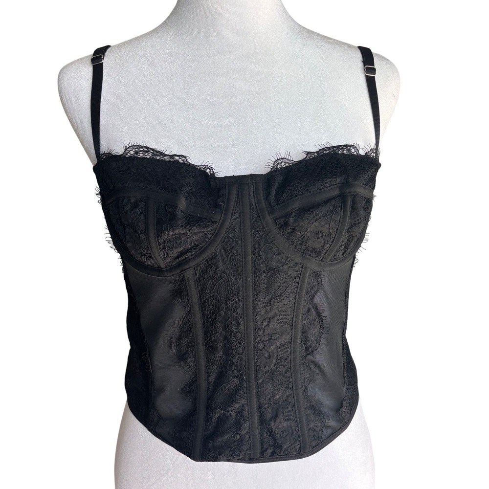 Black Lace Corset Top Eyelash Trim Mesh Bustier Witchy Regency Renaissance M NEW
